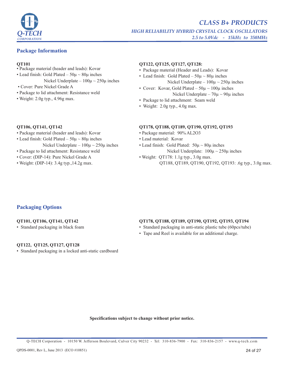 Package info & packaging options (pg 24), Q-tech, Class b+ products | Q-Tech CLASS B+ User Manual | Page 24 / 27