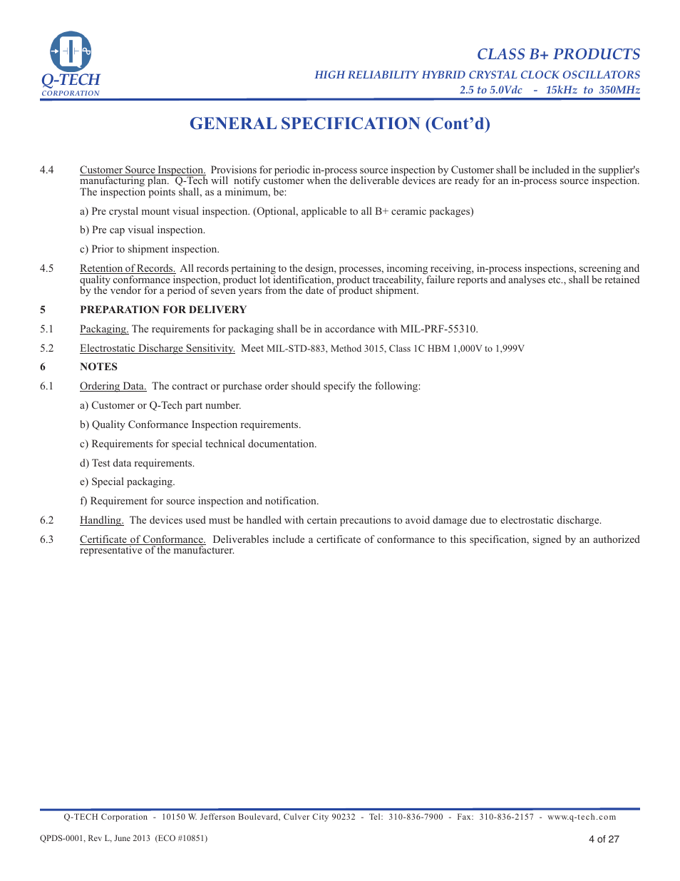 General specification (cont’d), Q-tech, Class b+ products | Q-Tech CLASS B+ User Manual | Page 4 / 27