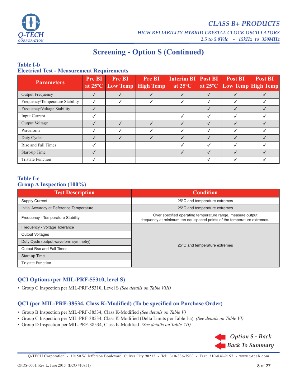 Screening - option s (continued), Q-tech, Class b+ products | Q-Tech CLASS B+ User Manual | Page 8 / 27