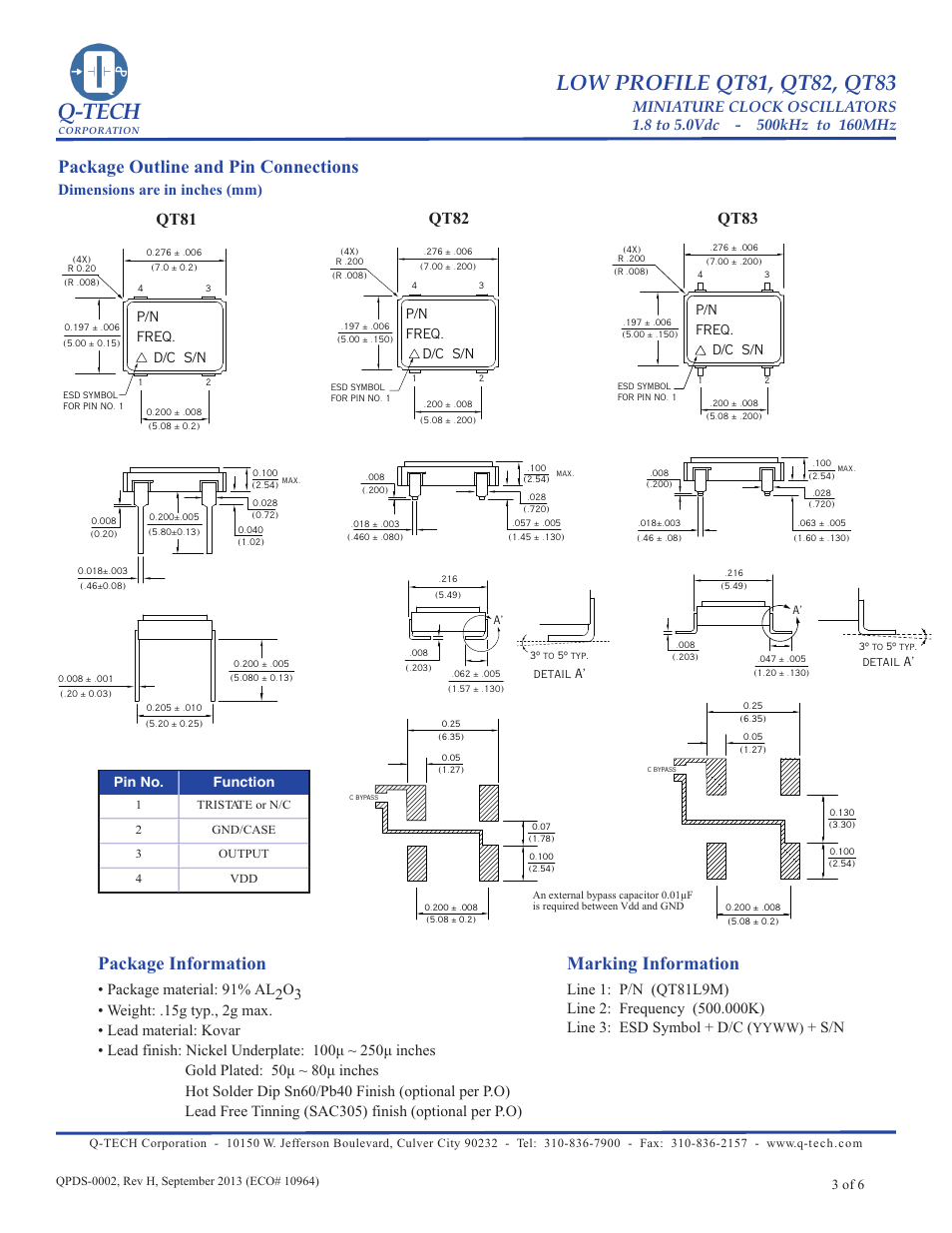 Q-tech, Package information marking information, Package outline and pin connections | Qt83, Qt82, Qt81, Dimensions are in inches (mm), 3 of 6, Yyww), Pin no. function | Q-Tech QT83 User Manual | Page 3 / 6