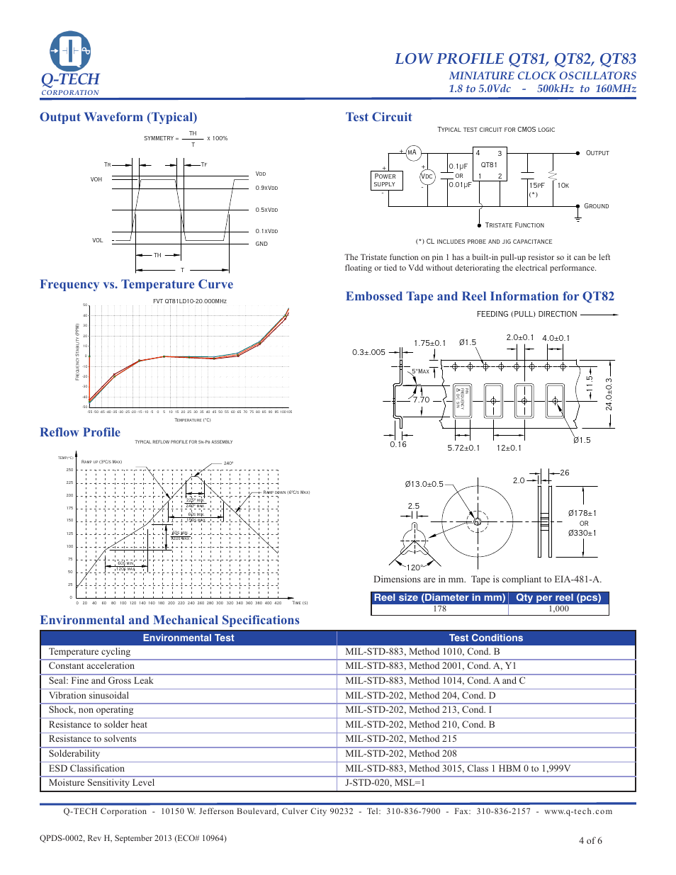Q-tech, Reflow profile, Embossed tape and reel information for qt82 | Environmental and mechanical specifications, 4 of 6 | Q-Tech QT83 User Manual | Page 4 / 6