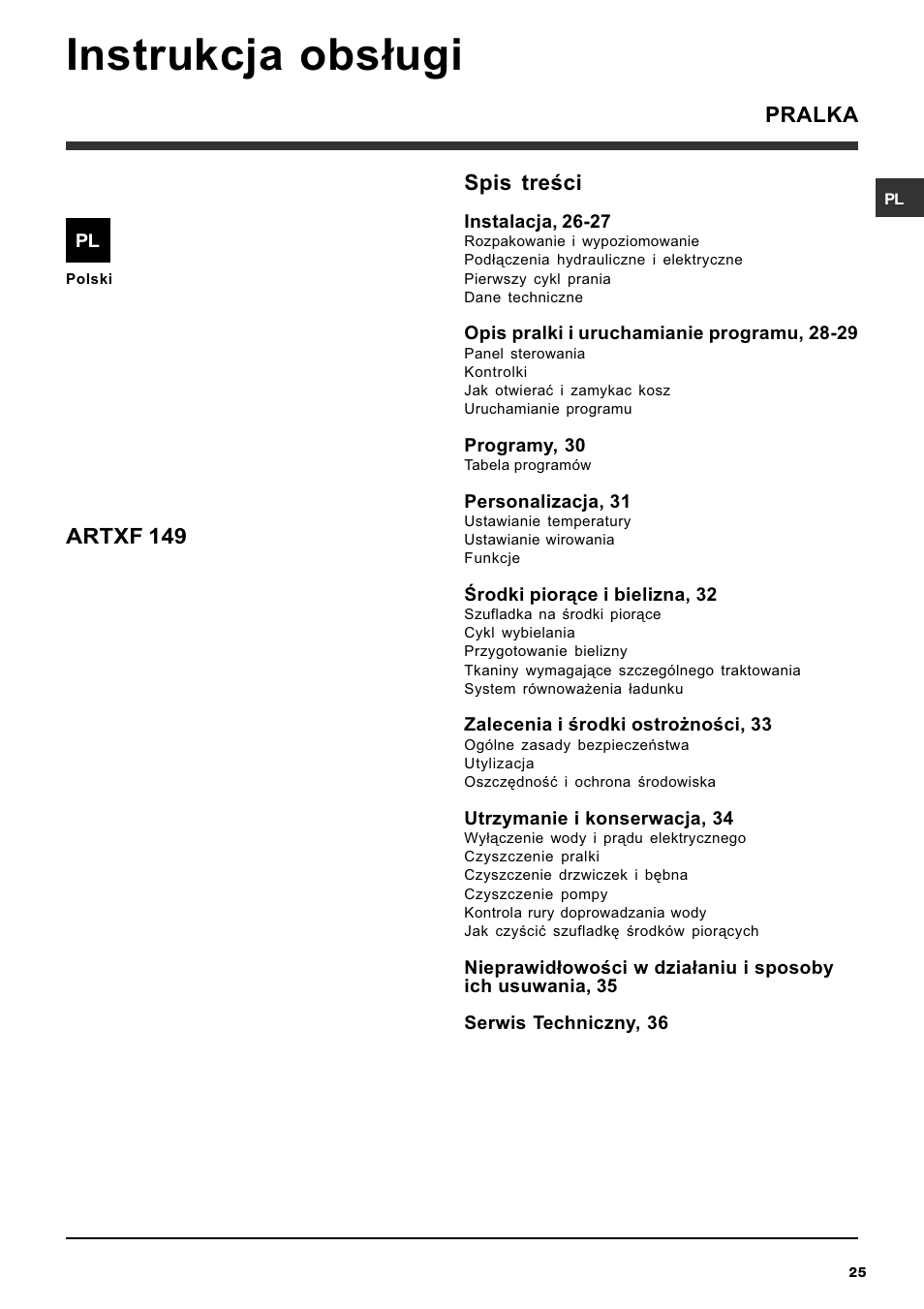 Instrukcja obs³ugi, Spis treci, Artxf 149 | Pralka | Ariston ARTXF 149 User Manual | Page 25 / 60