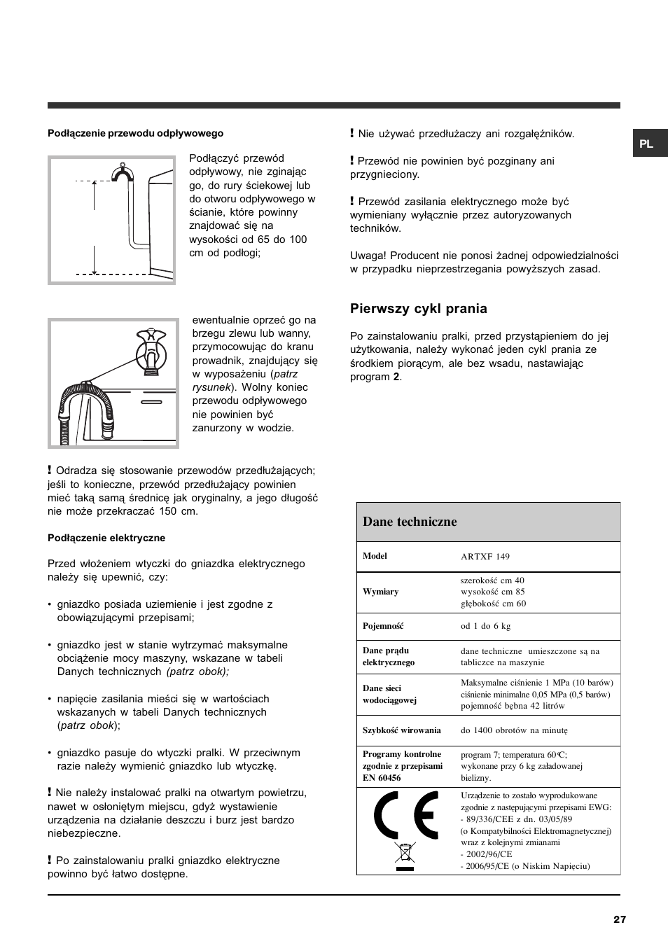 Pierwszy cykl prania, Dane techniczne | Ariston ARTXF 149 User Manual | Page 27 / 60