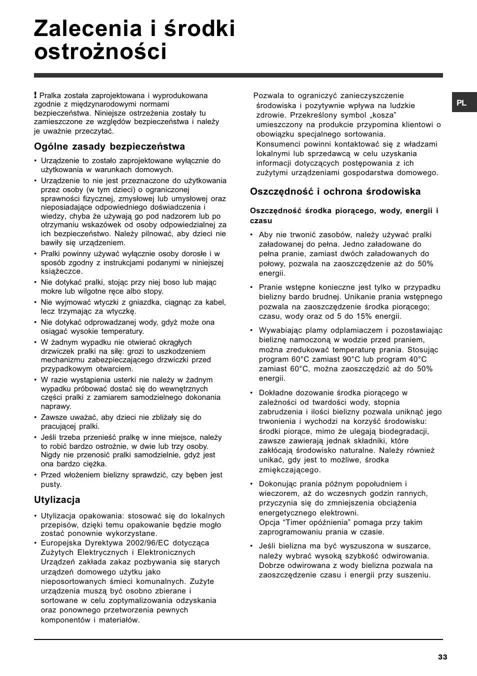 Zalecenia i rodki ostro¿noci | Ariston ARTXF 149 User Manual | Page 33 / 60