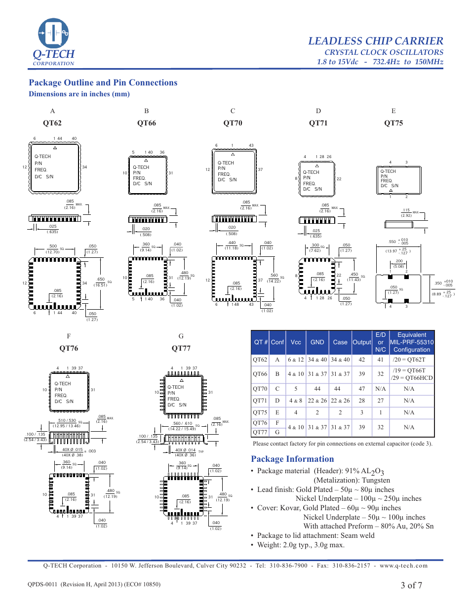 Q-tech, Leadless chip carrier, 3 of 7 | Package information, Package outline and pin connections, Qt62, Qt71, Qt75, Qt76, Qt77 | Q-Tech QT75 User Manual | Page 3 / 7