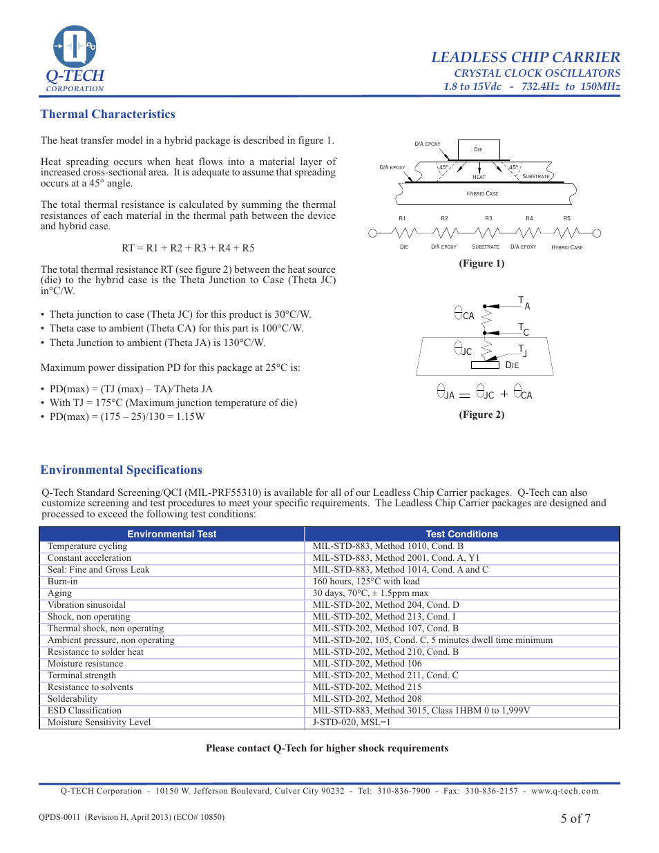 Q-tech, Leadless chip carrier, 5 of 7 | Thermal characteristics, Environmental specifications | Q-Tech QT75 User Manual | Page 5 / 7