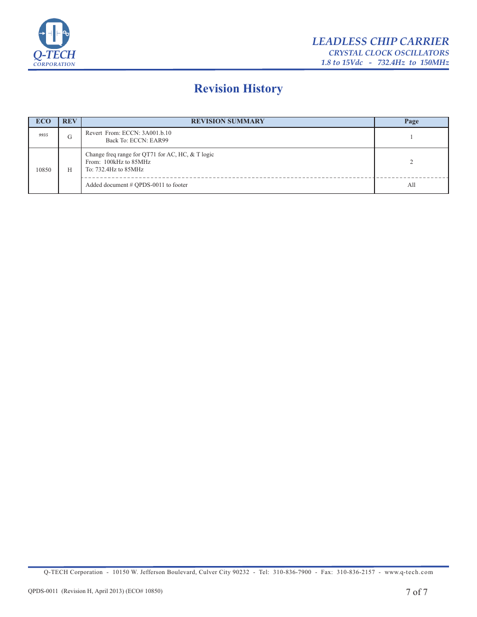 Revision history, Q-tech, Leadless chip carrier | 7 of 7 | Q-Tech QT75 User Manual | Page 7 / 7