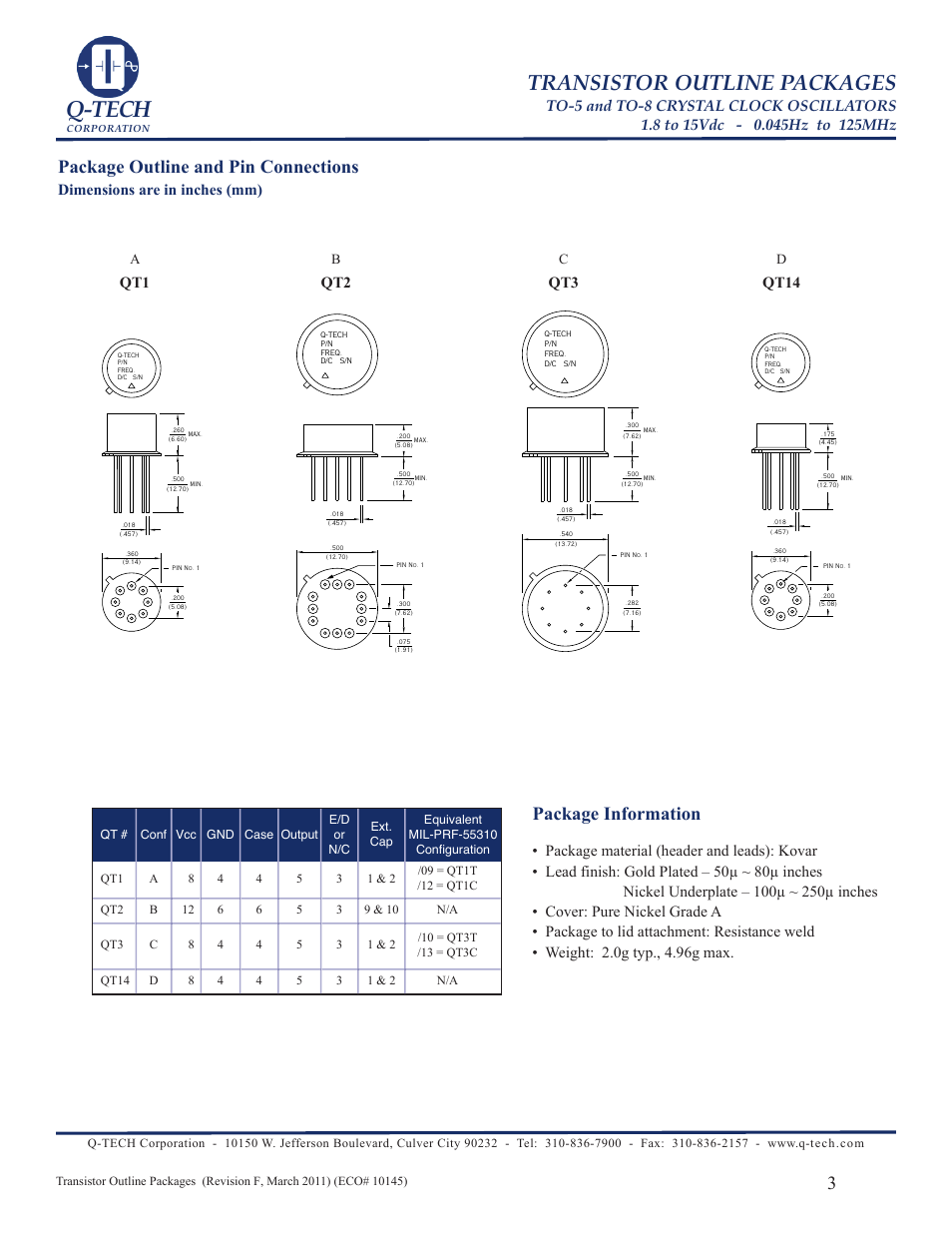 Q-tech, Transistor outline packages, Package information | Package outline and pin connections, Qt14, Dimensions are in inches (mm) | Q-Tech QT3 User Manual | Page 3 / 6