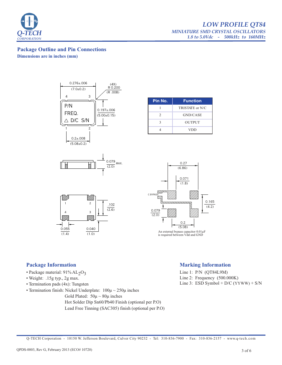 Q-tech, Low profile qt84, Package information marking information | Package outline and pin connections, P/n freq. d/c s/n | Q-Tech QT84 User Manual | Page 3 / 6