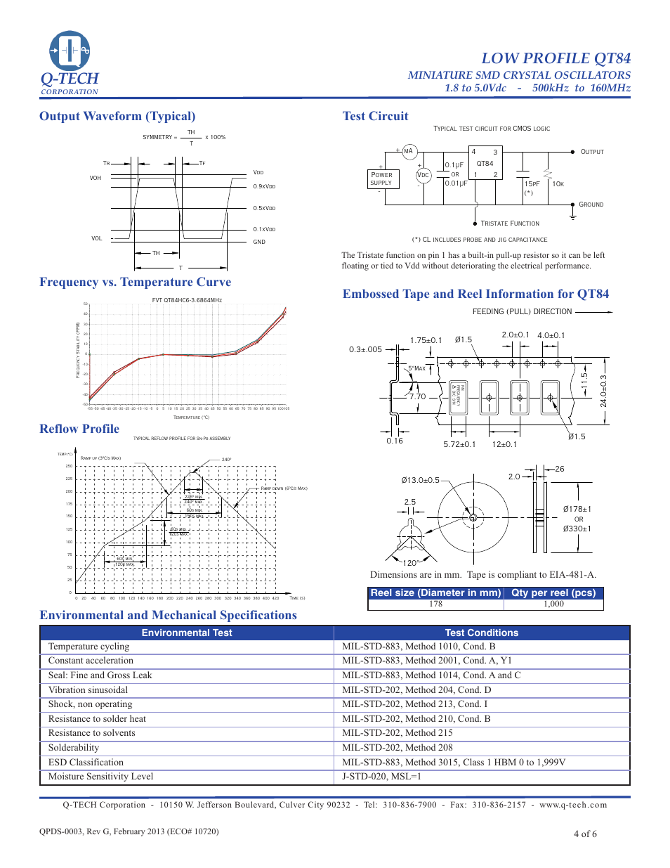 Q-tech, Low profile qt84, Reflow profile | Embossed tape and reel information for qt84, Environmental and mechanical specifications, 4 of 6 | Q-Tech QT84 User Manual | Page 4 / 6