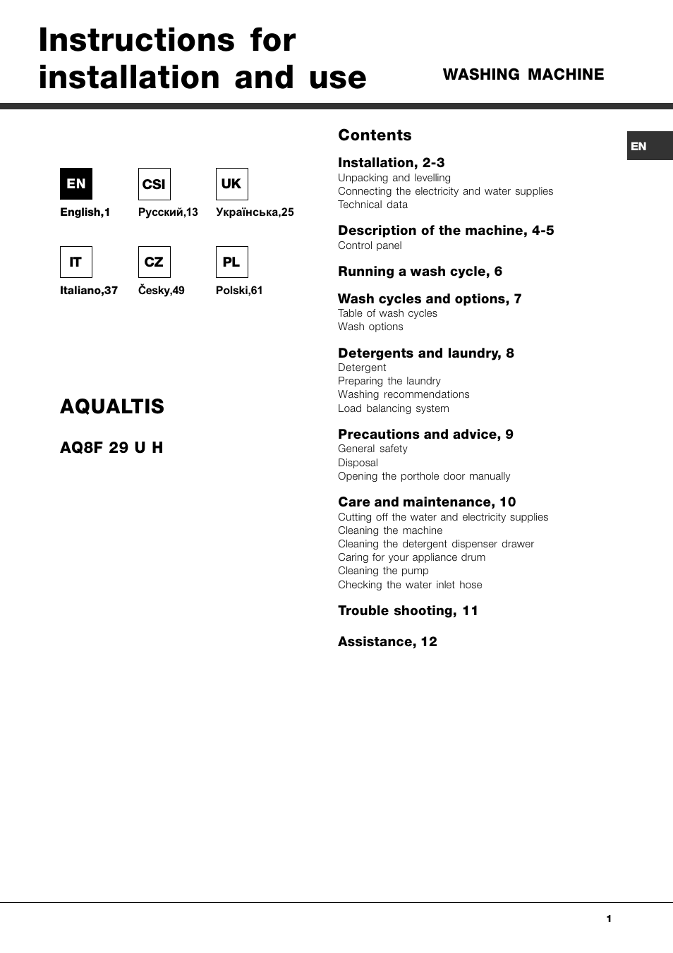 Ariston Aqualtis AQ8F 29 U H User Manual | 72 pages