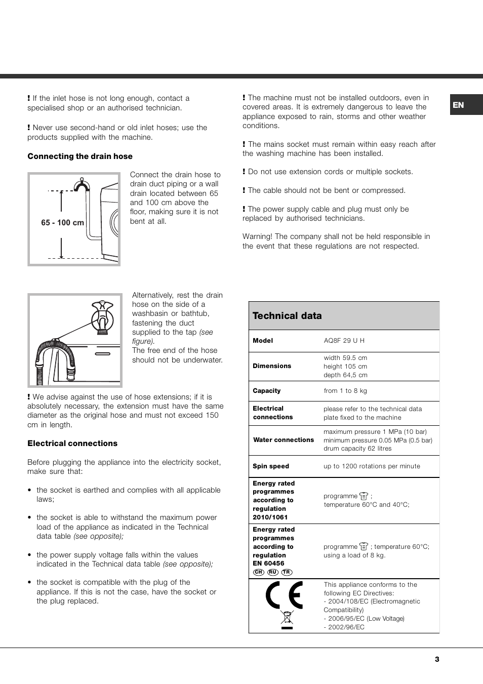 Technical data | Ariston Aqualtis AQ8F 29 U H User Manual | Page 3 / 72