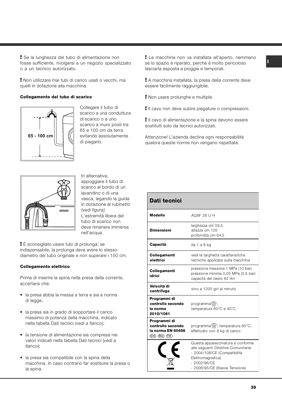 Dati tecnici | Ariston Aqualtis AQ8F 29 U H User Manual | Page 39 / 72