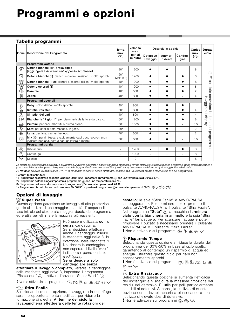 Programmi e opzioni, Tabella programmi, Opzioni di lavaggio | Ariston Aqualtis AQ8F 29 U H User Manual | Page 43 / 72