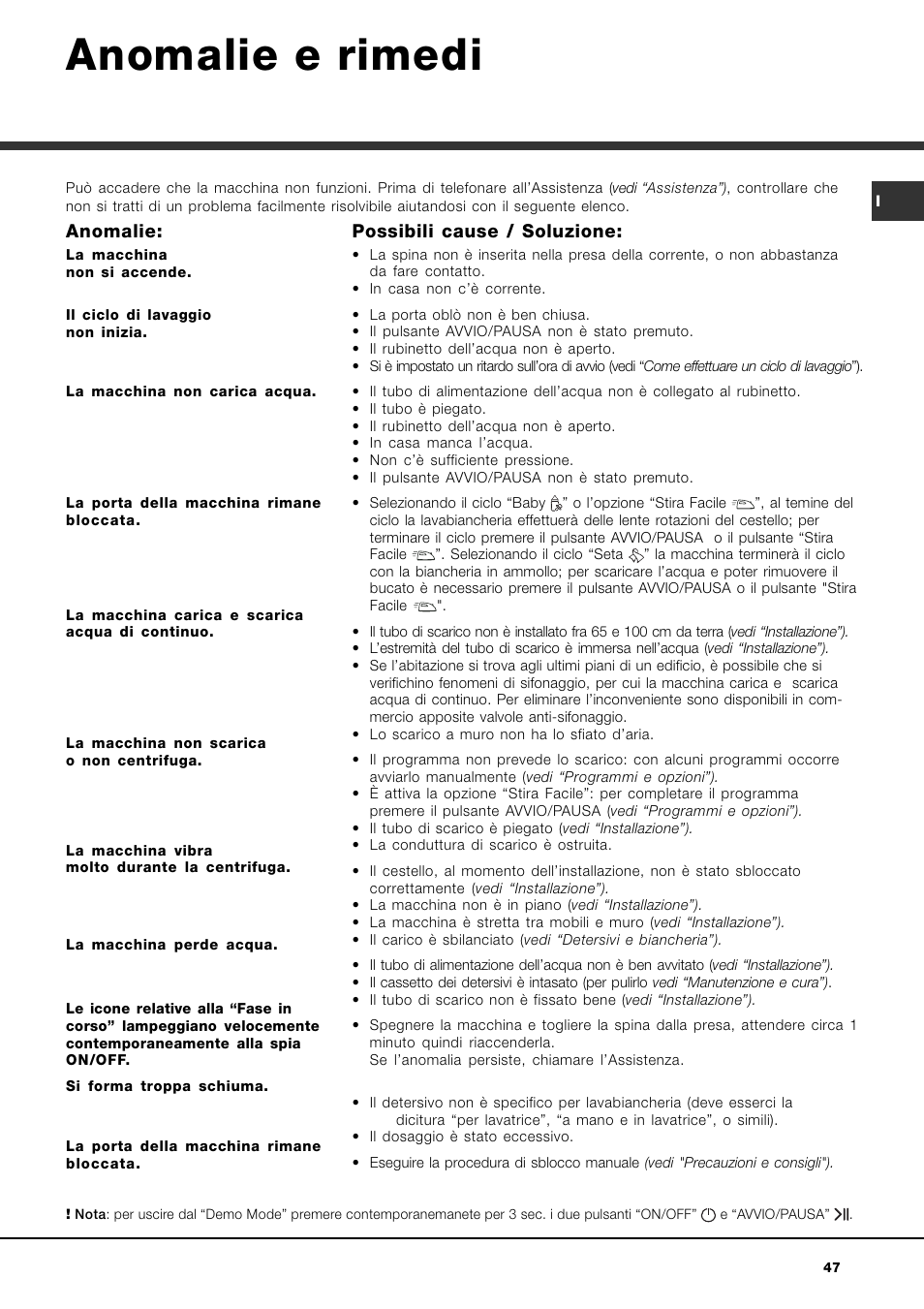 Anomalie e rimedi, Anomalie, Possibili cause / soluzione | Ariston Aqualtis AQ8F 29 U H User Manual | Page 47 / 72