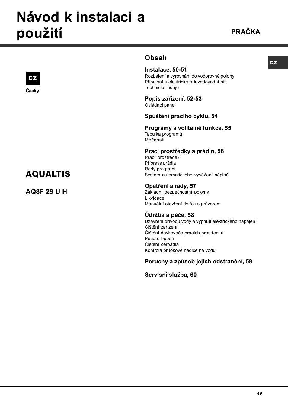 Návod k instalaci a pouitн, Aqualtis | Ariston Aqualtis AQ8F 29 U H User Manual | Page 49 / 72