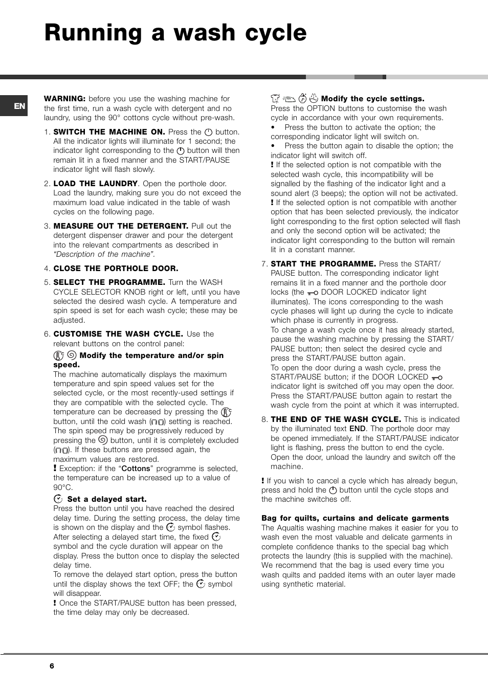 Running a wash cycle | Ariston Aqualtis AQ8F 29 U H User Manual | Page 6 / 72