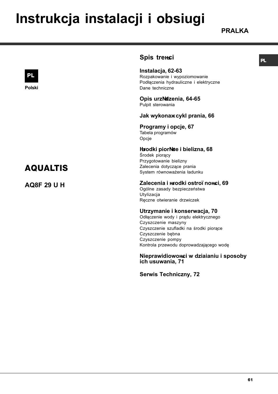 Instrukcja instalacji i obs³ugi, Aqualtis, Spis treci | Pralka, Aq8f 29 u h | Ariston Aqualtis AQ8F 29 U H User Manual | Page 61 / 72