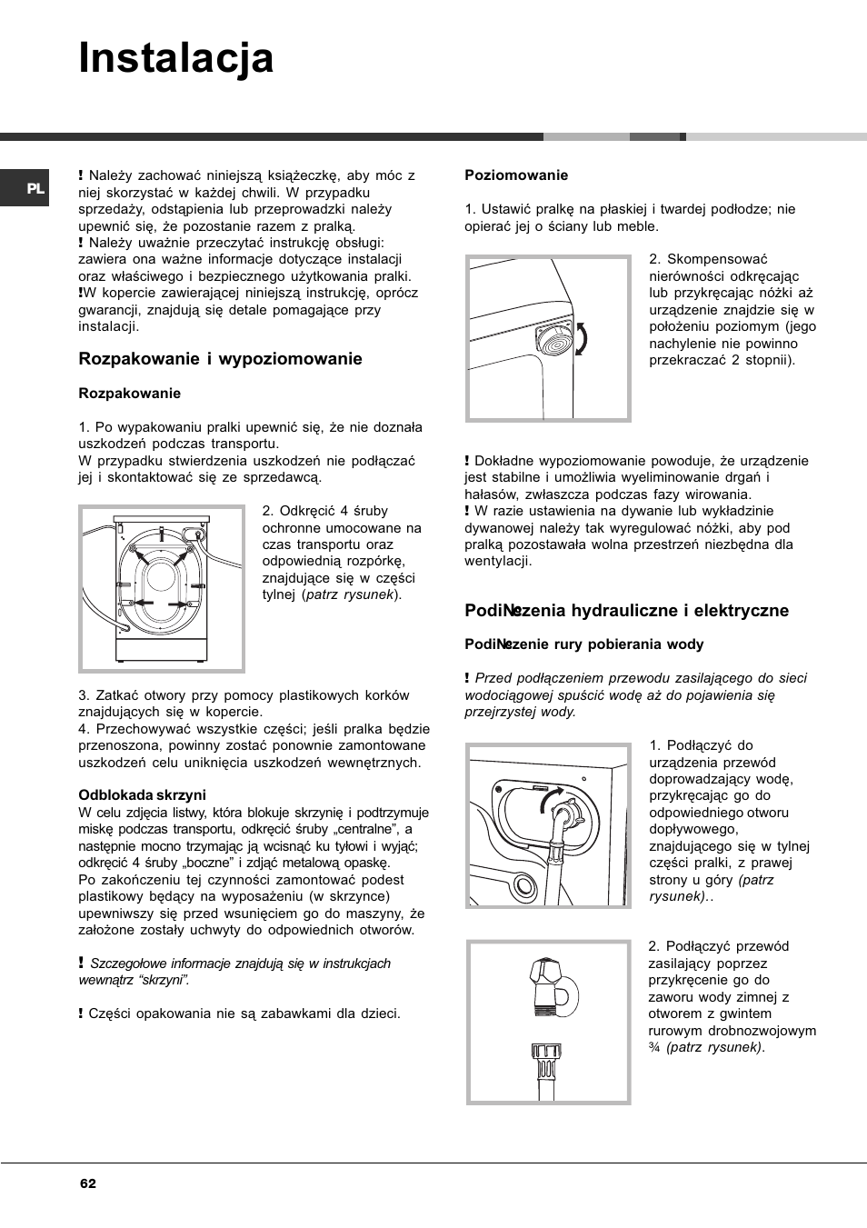 Instalacja, Rozpakowanie i wypoziomowanie, Pod³¹czenia hydrauliczne i elektryczne | Ariston Aqualtis AQ8F 29 U H User Manual | Page 62 / 72