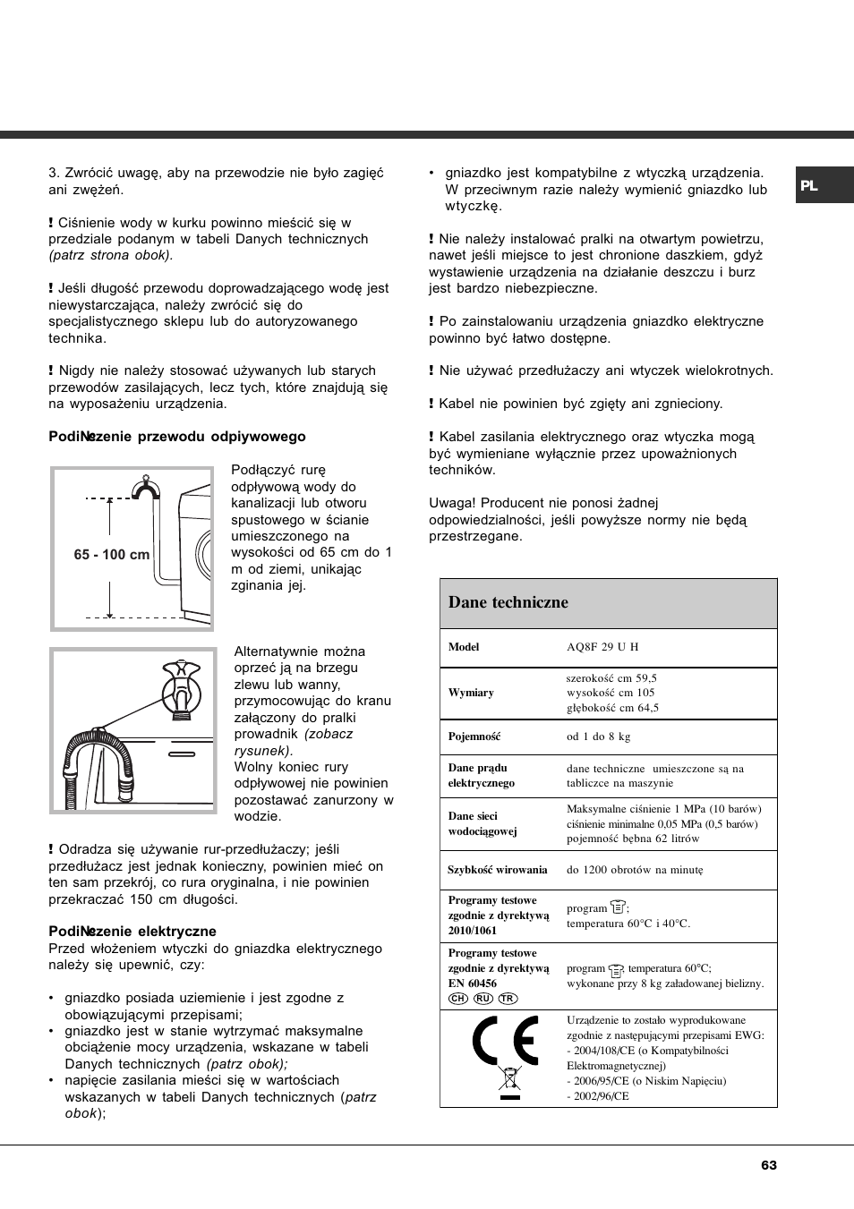 Dane techniczne | Ariston Aqualtis AQ8F 29 U H User Manual | Page 63 / 72