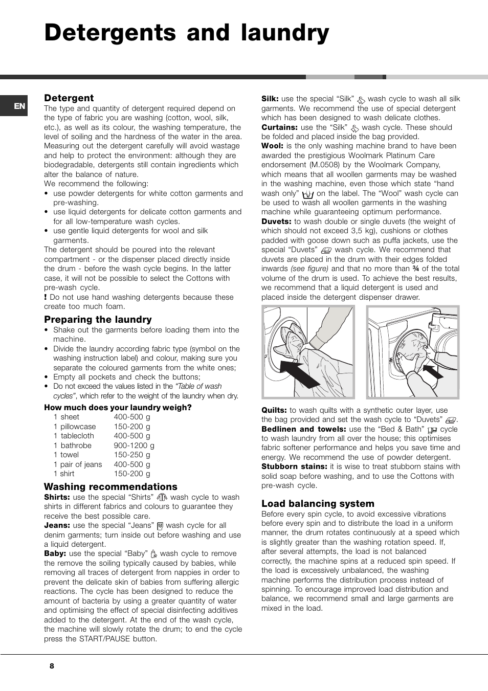 Detergents and laundry, Detergent, Preparing the laundry | Washing recommendations, Load balancing system | Ariston Aqualtis AQ8F 29 U H User Manual | Page 8 / 72