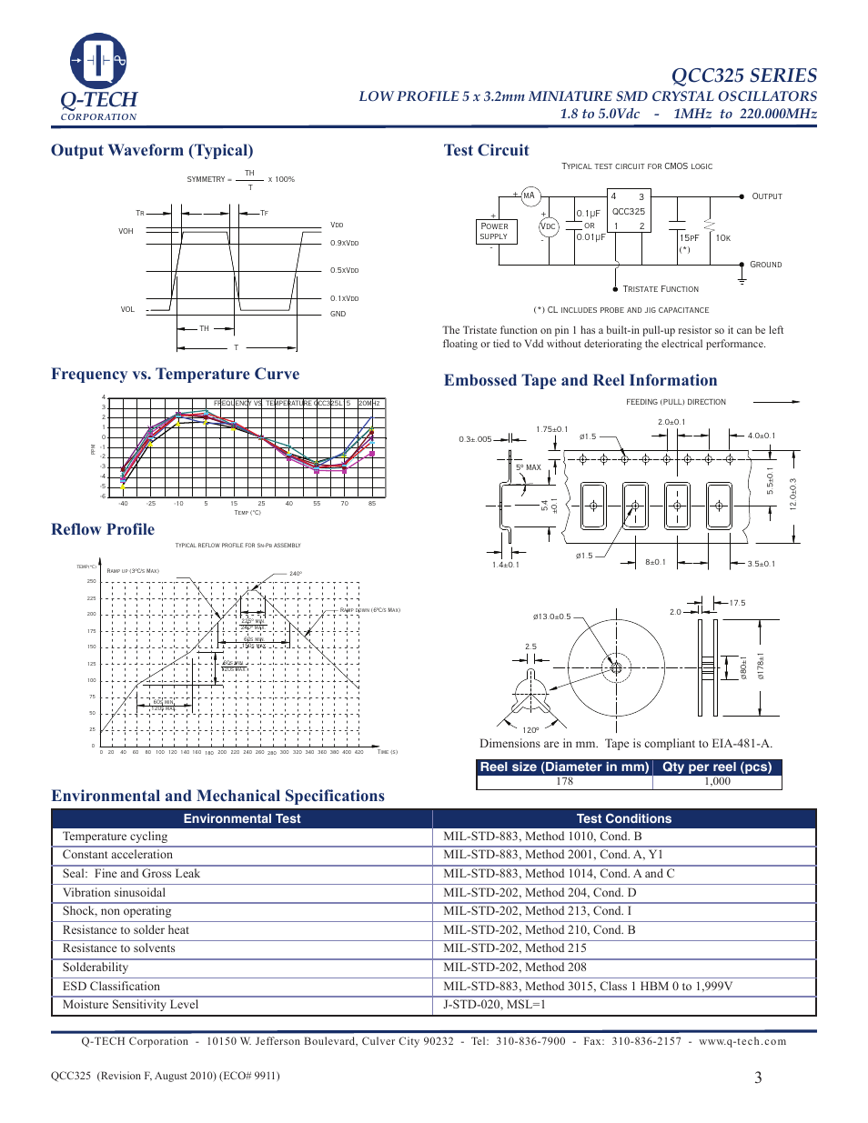 Q-tech, Qcc325 series, Reflow profile | Embossed tape and reel information, Environmental and mechanical specifications, Reel size (diameter in mm) qty per reel (pcs) | Q-Tech QCC325 User Manual | Page 3 / 4