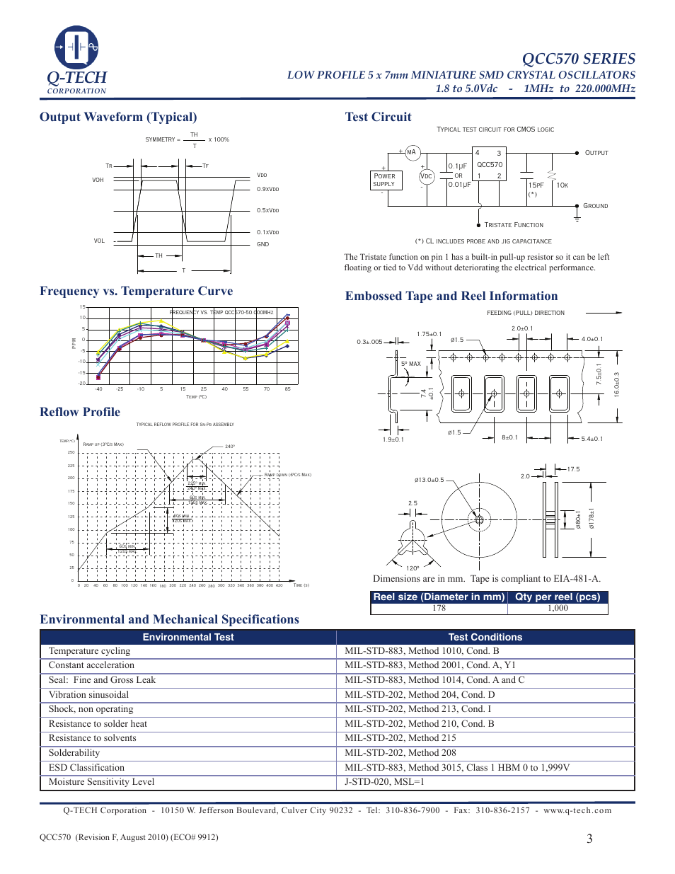Q-tech, Qcc570 series, Reflow profile | Embossed tape and reel information, Environmental and mechanical specifications | Q-Tech QCC570 User Manual | Page 3 / 4