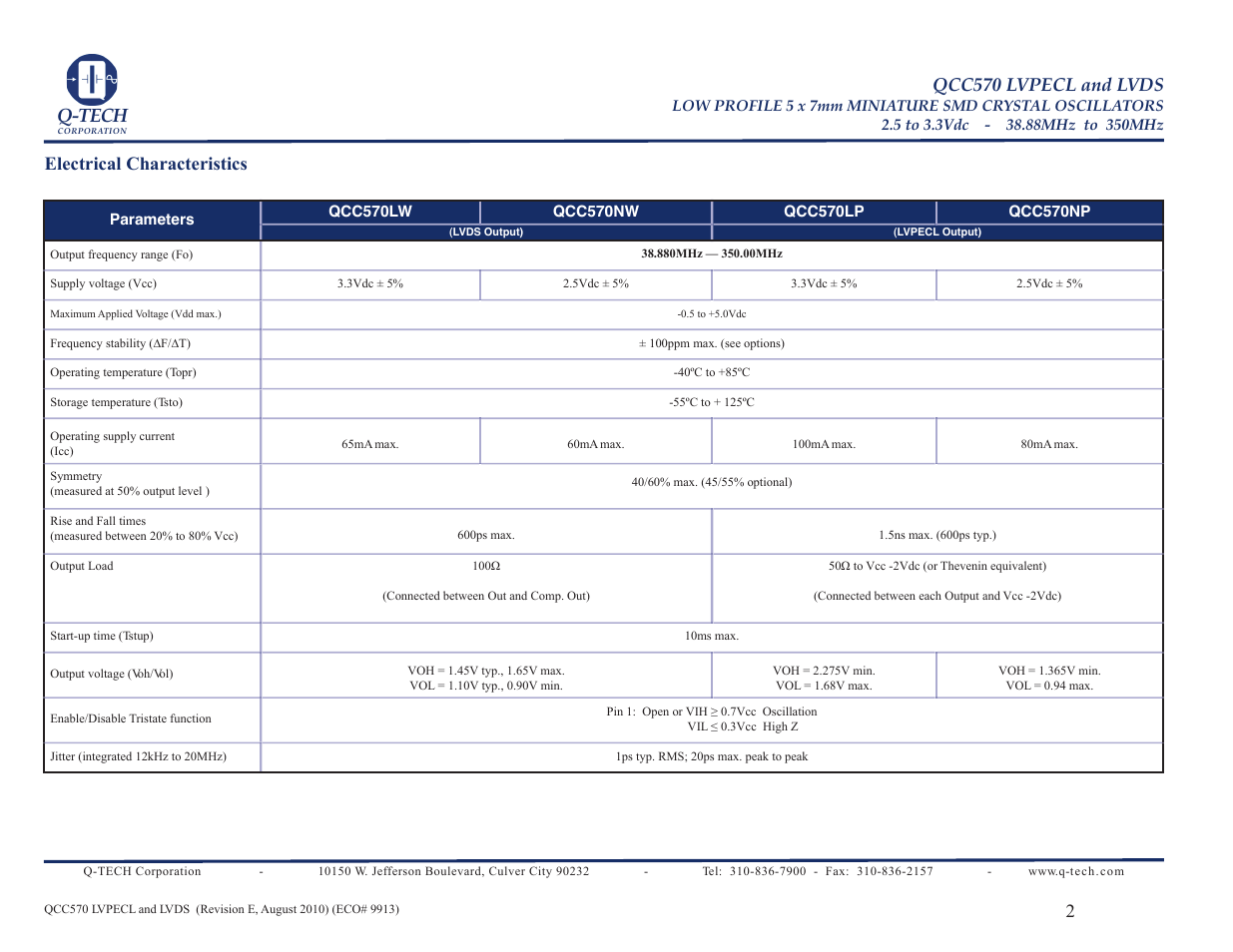 Q-tech, Electrical characteristics qcc570 lvpecl and lvds | Q-Tech QCC570LW User Manual | Page 2 / 4