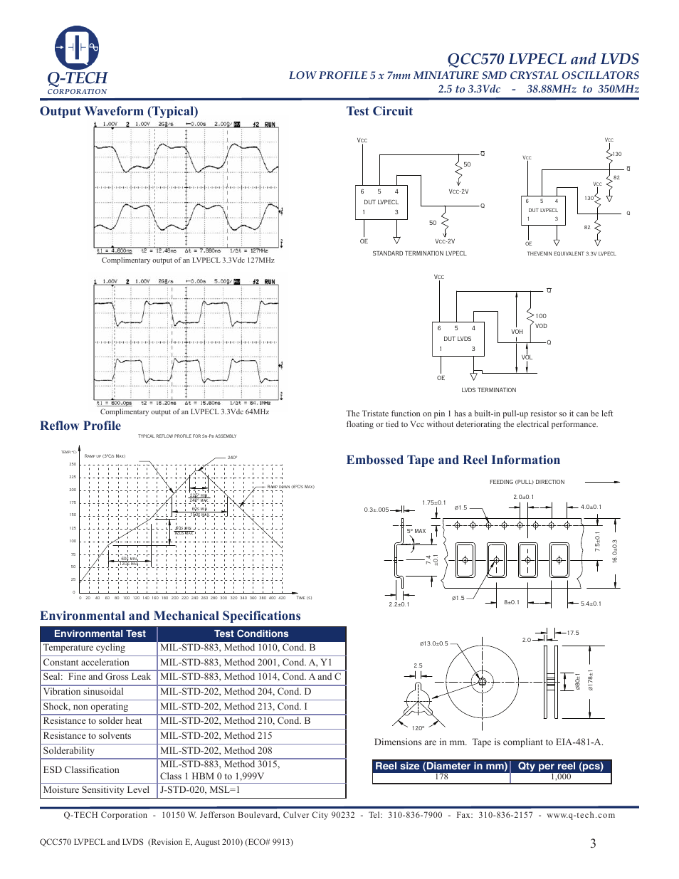 Q-tech, Qcc570 lvpecl and lvds, Output waveform (typical) test circuit | Reflow profile, Embossed tape and reel information, Environmental and mechanical specifications | Q-Tech QCC570LW User Manual | Page 3 / 4