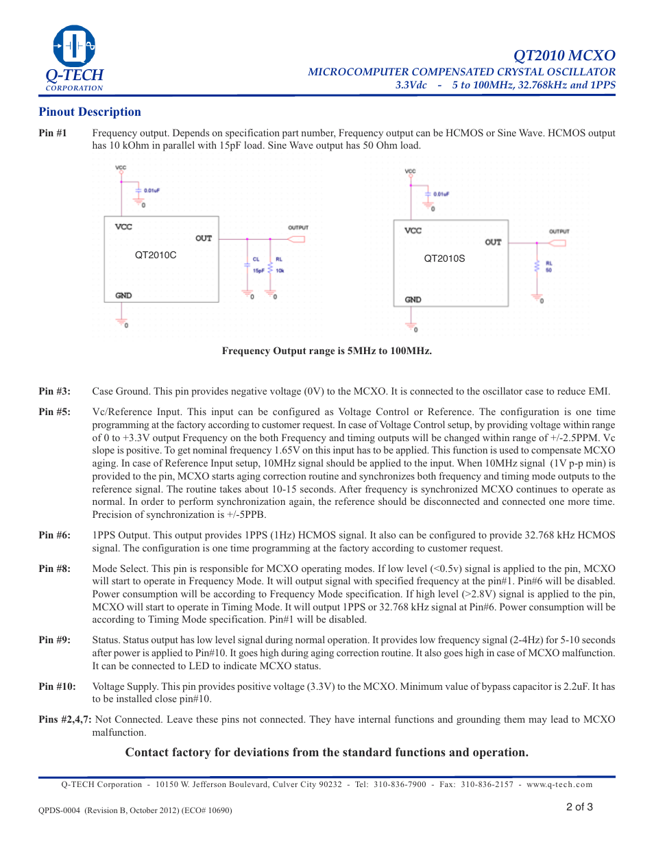Q-tech, Qt2010 mcxo | Q-Tech QT2010 User Manual | Page 2 / 3