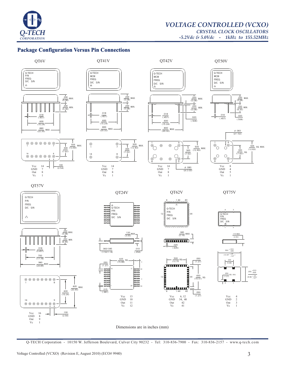 Q-tech, Voltage controlled (vcxo), Package configuration versus pin connections | Qt6v, Qt41v, Qt42v, Qt50v, Qt57v dimensions are in inches (mm), Qt24v, Qt62v | Q-Tech VCXO User Manual | Page 3 / 6