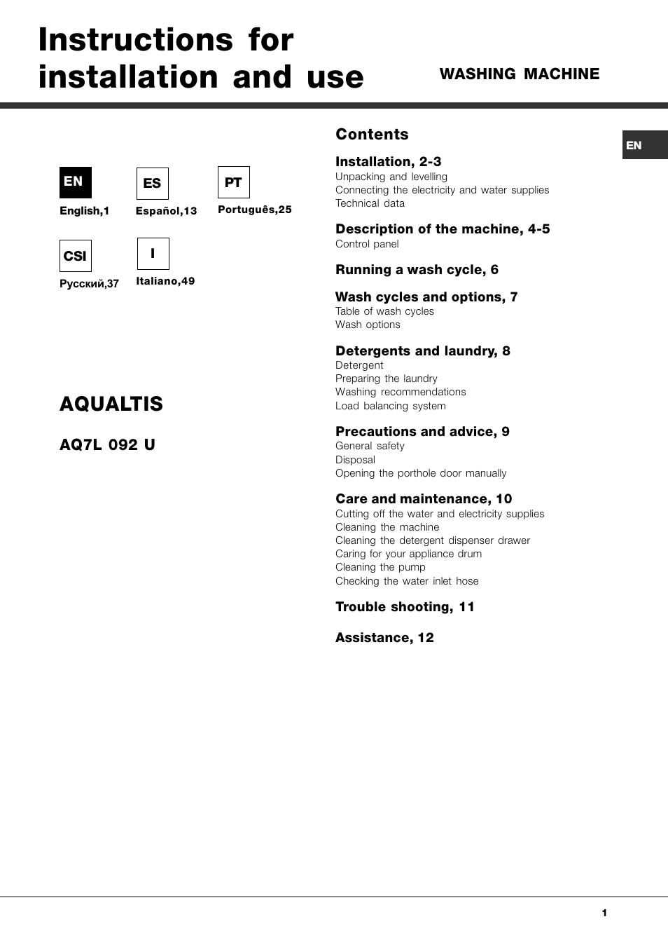 Ariston Aqualtis AQ7L 092 U User Manual | 60 pages