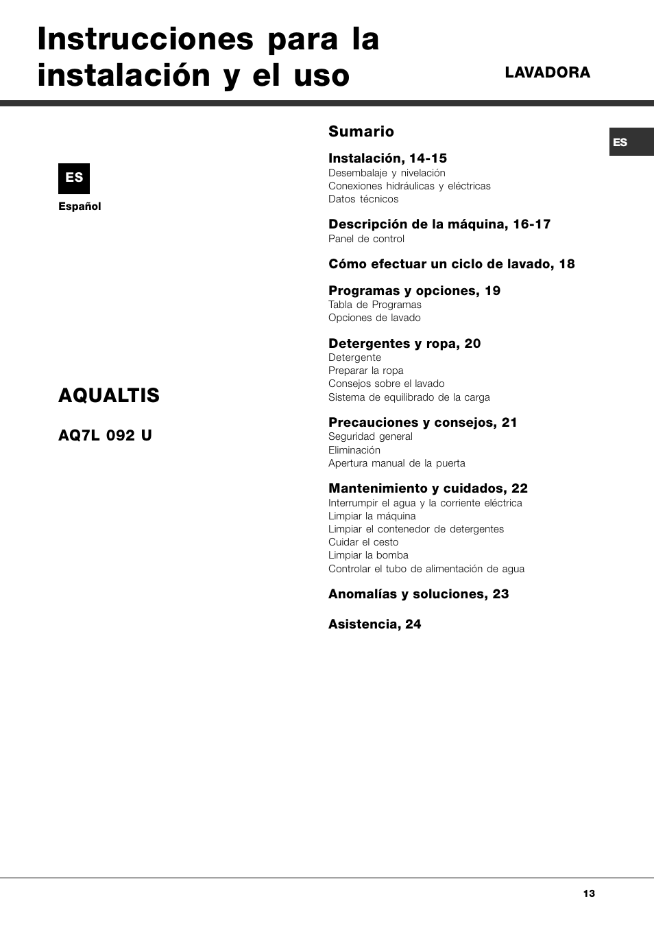 Instrucciones para la instalación y el uso, Aqualtis | Ariston Aqualtis AQ7L 092 U User Manual | Page 13 / 60