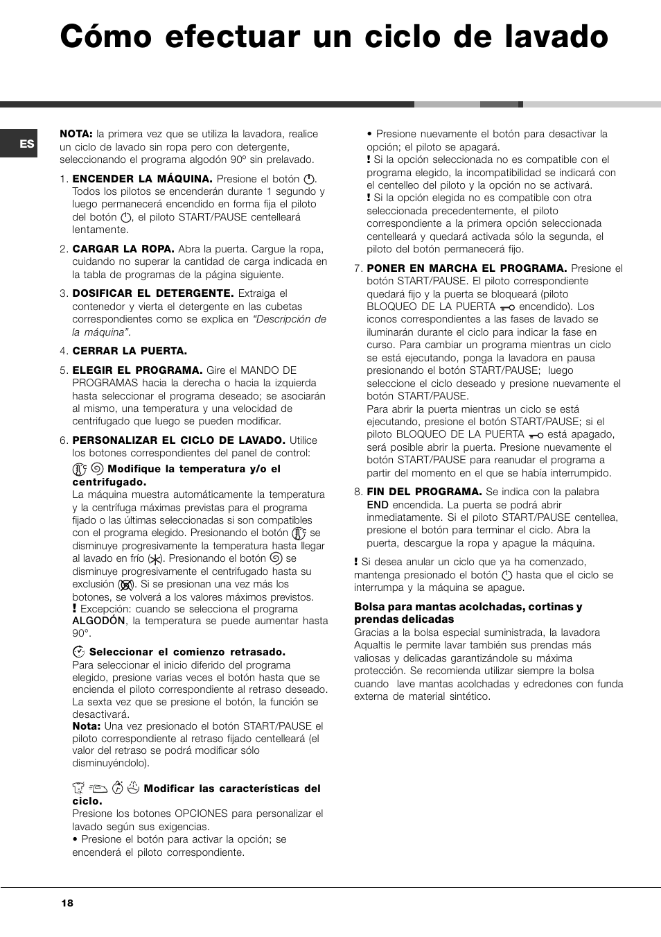 Cómo efectuar un ciclo de lavado | Ariston Aqualtis AQ7L 092 U User Manual | Page 18 / 60