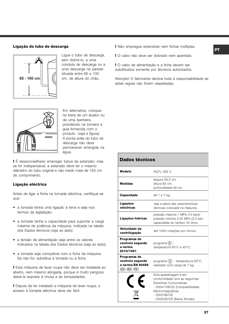 Dados técnicos | Ariston Aqualtis AQ7L 092 U User Manual | Page 27 / 60