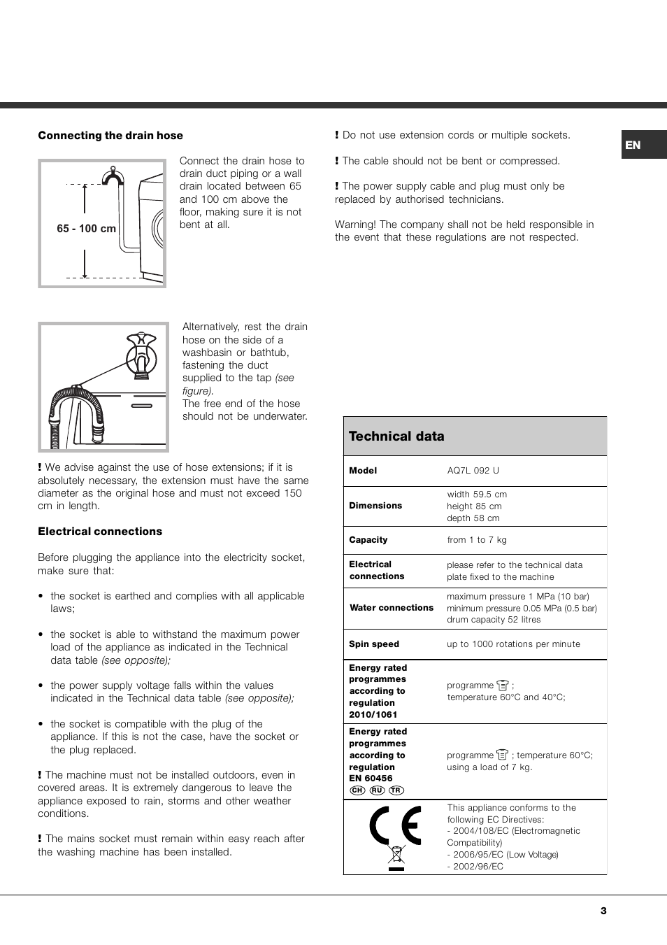 Technical data | Ariston Aqualtis AQ7L 092 U User Manual | Page 3 / 60