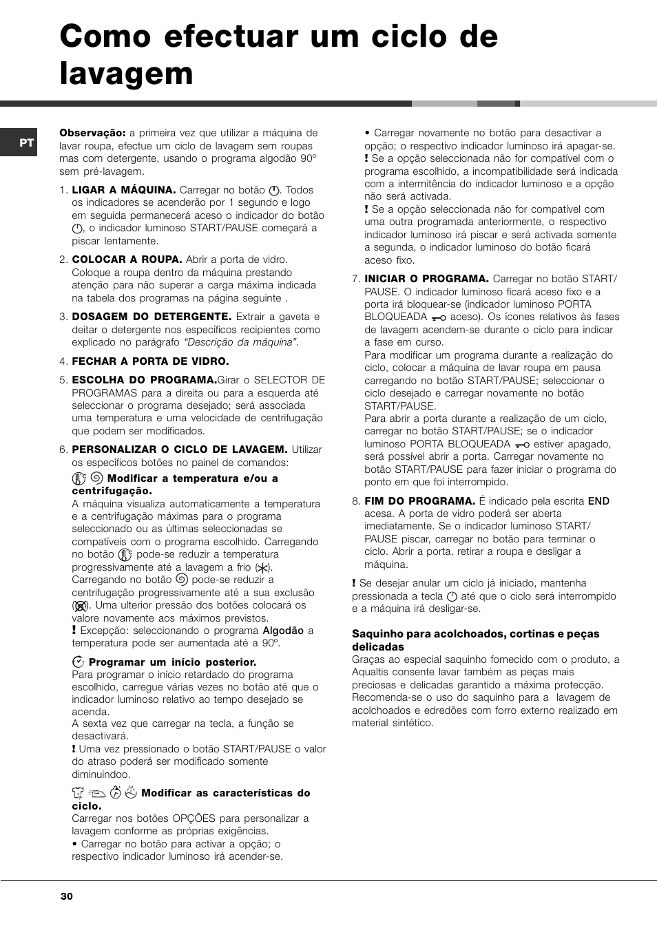 Como efectuar um ciclo de lavagem | Ariston Aqualtis AQ7L 092 U User Manual | Page 30 / 60