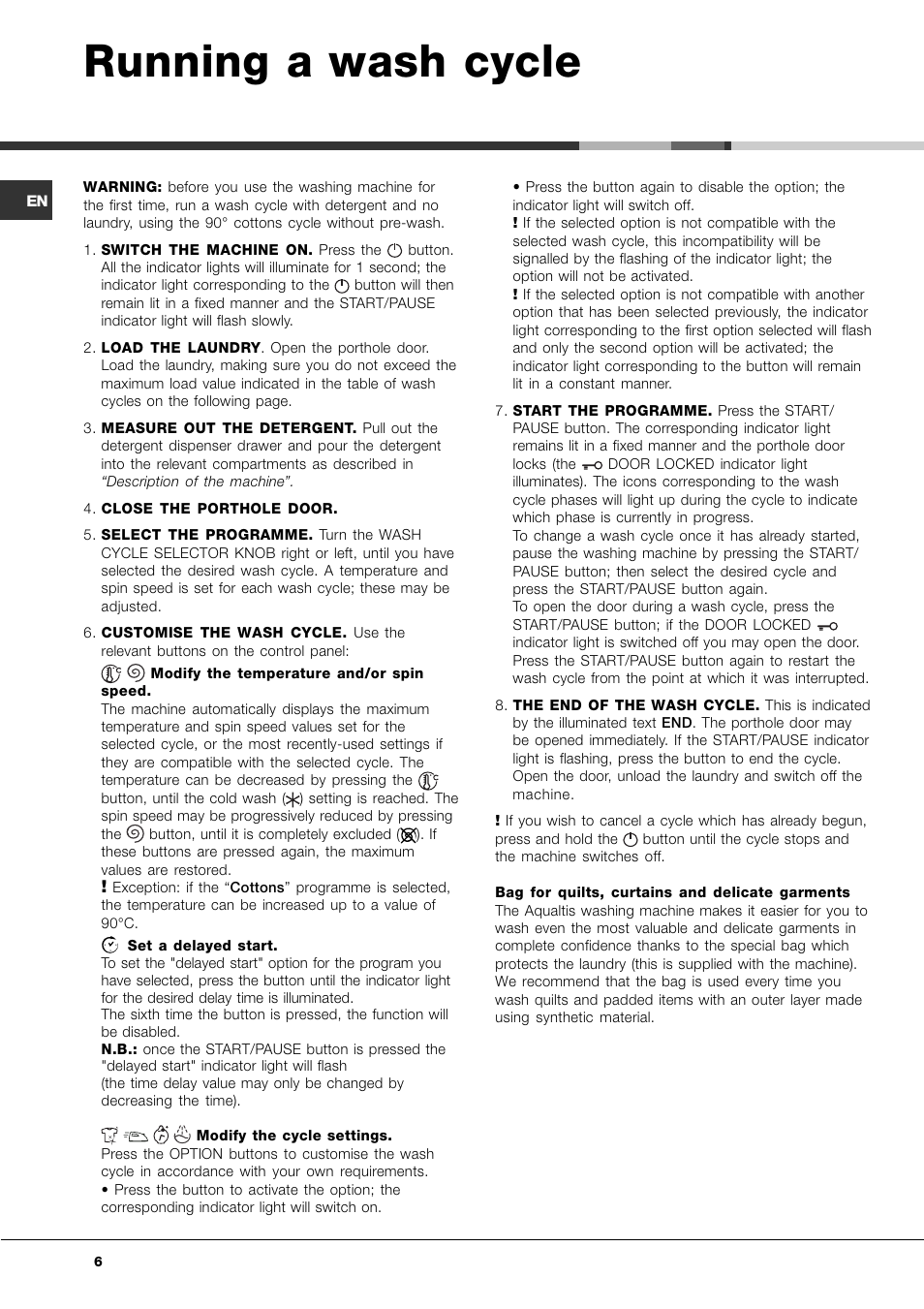 Running a wash cycle | Ariston Aqualtis AQ7L 092 U User Manual | Page 6 / 60