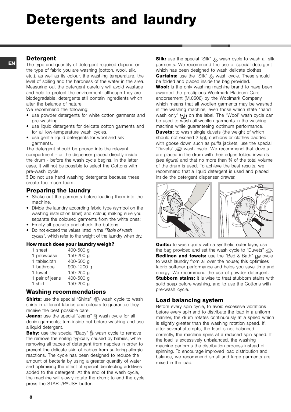 Detergents and laundry, Detergent, Preparing the laundry | Washing recommendations, Load balancing system | Ariston Aqualtis AQ7L 092 U User Manual | Page 8 / 60