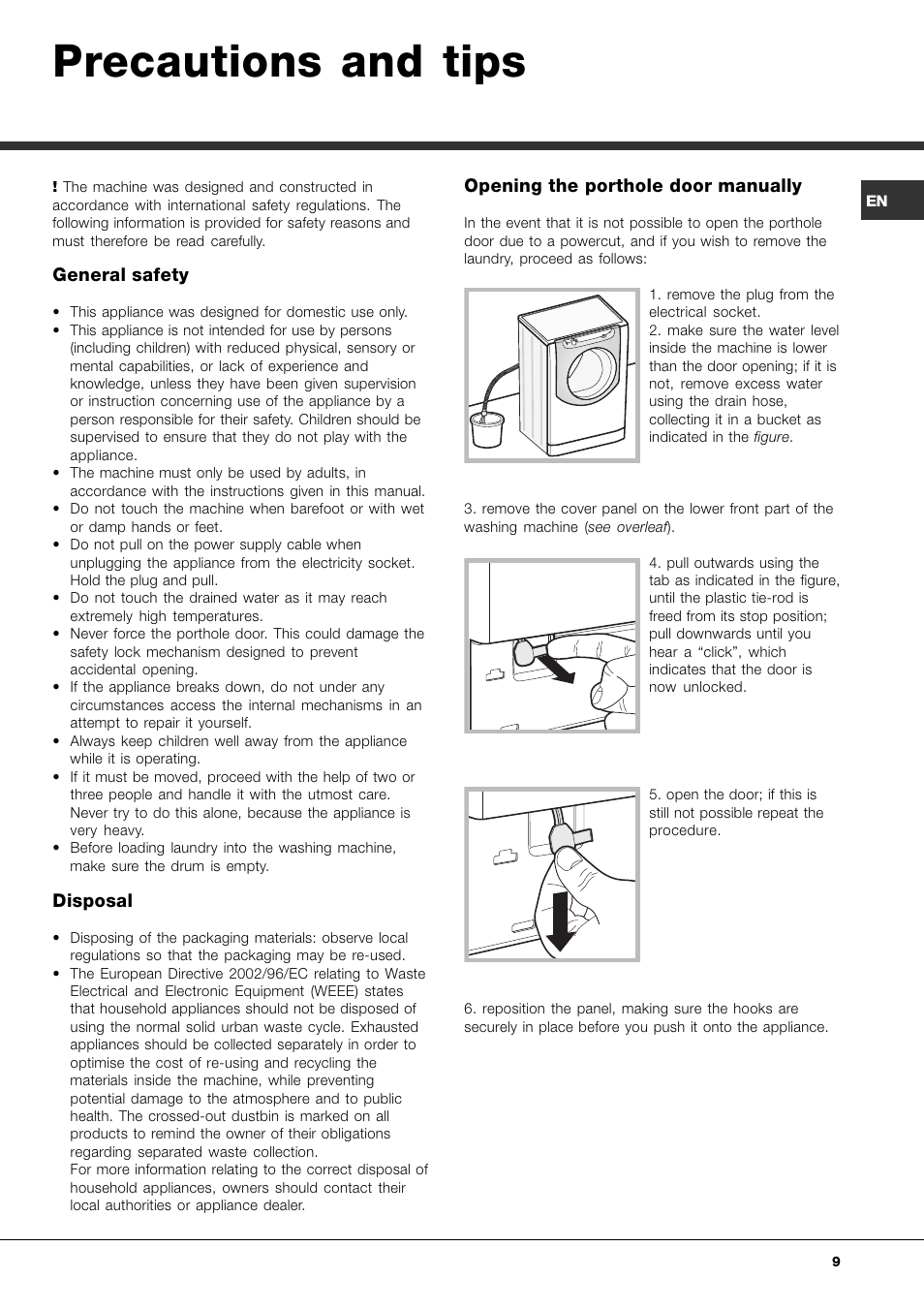 Precautions and tips, General safety, Disposal | Opening the porthole door manually | Ariston Aqualtis AQ7L 092 U User Manual | Page 9 / 60