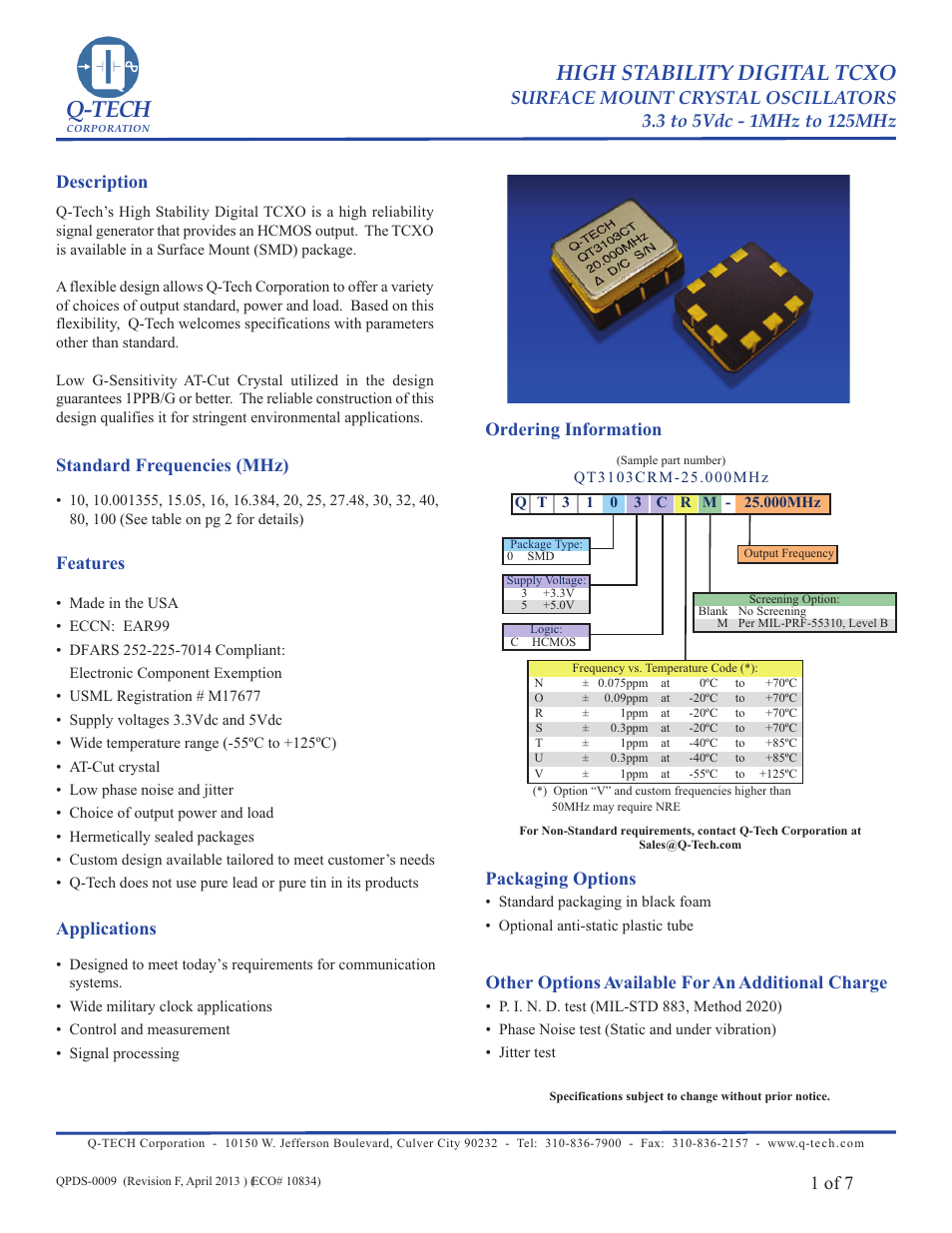 Q-Tech MILITARY TCXO User Manual | 7 pages