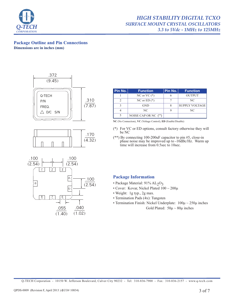 Q-tech, High stability digital tcxo | Q-Tech MILITARY TCXO User Manual | Page 3 / 7