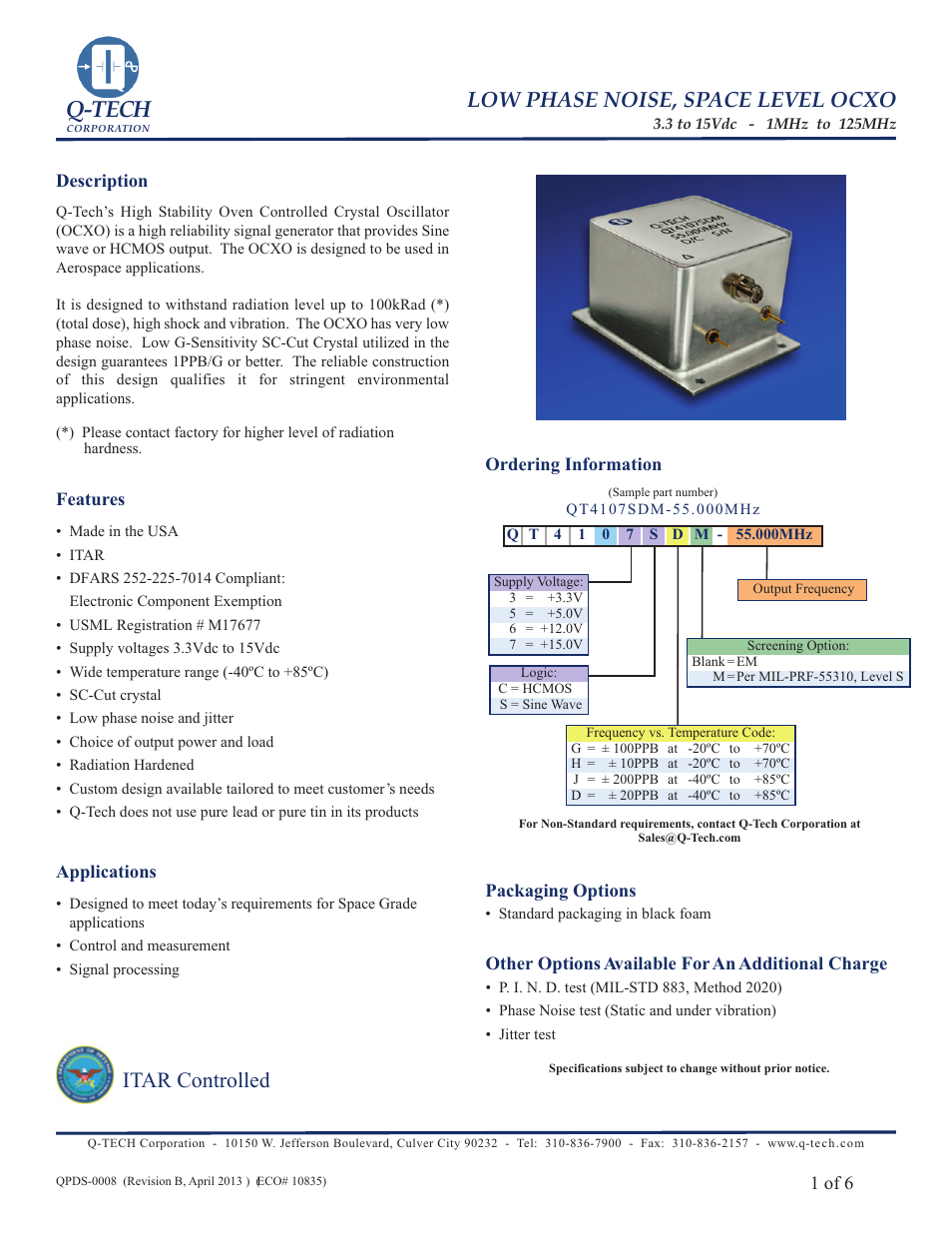 Q-Tech SPACE OCXO User Manual | 6 pages