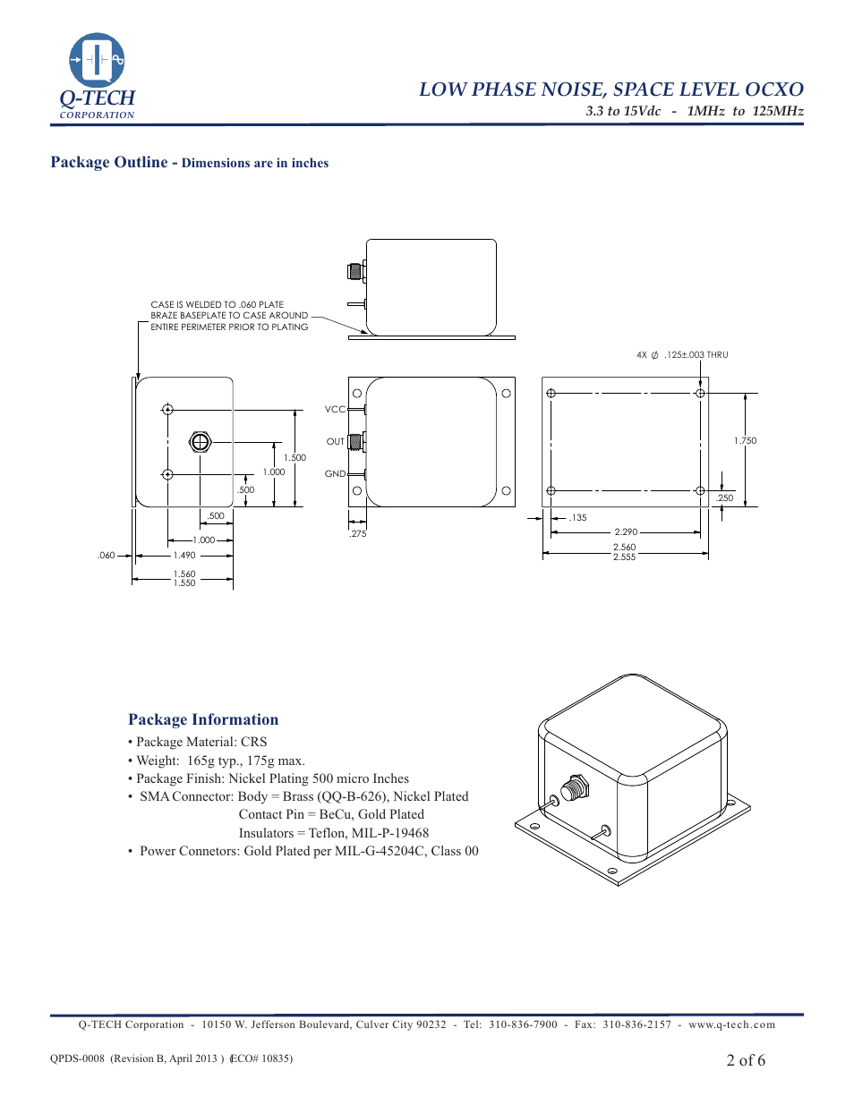 Q-tech, Low phase noise, space level ocxo, 2 of 6 | Package outline - package information | Q-Tech SPACE OCXO User Manual | Page 2 / 6