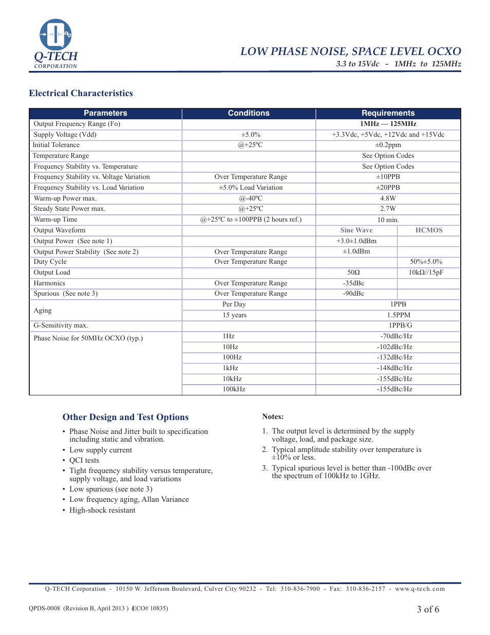 Q-tech, Low phase noise, space level ocxo, 3 of 6 | Q-Tech SPACE OCXO User Manual | Page 3 / 6