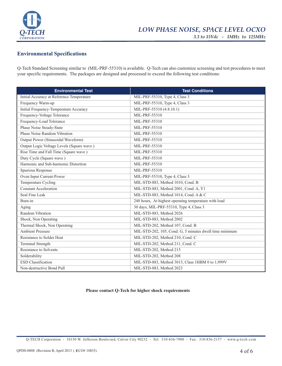 Q-tech, Low phase noise, space level ocxo, 4 of 6 | Environmental specifications | Q-Tech SPACE OCXO User Manual | Page 4 / 6