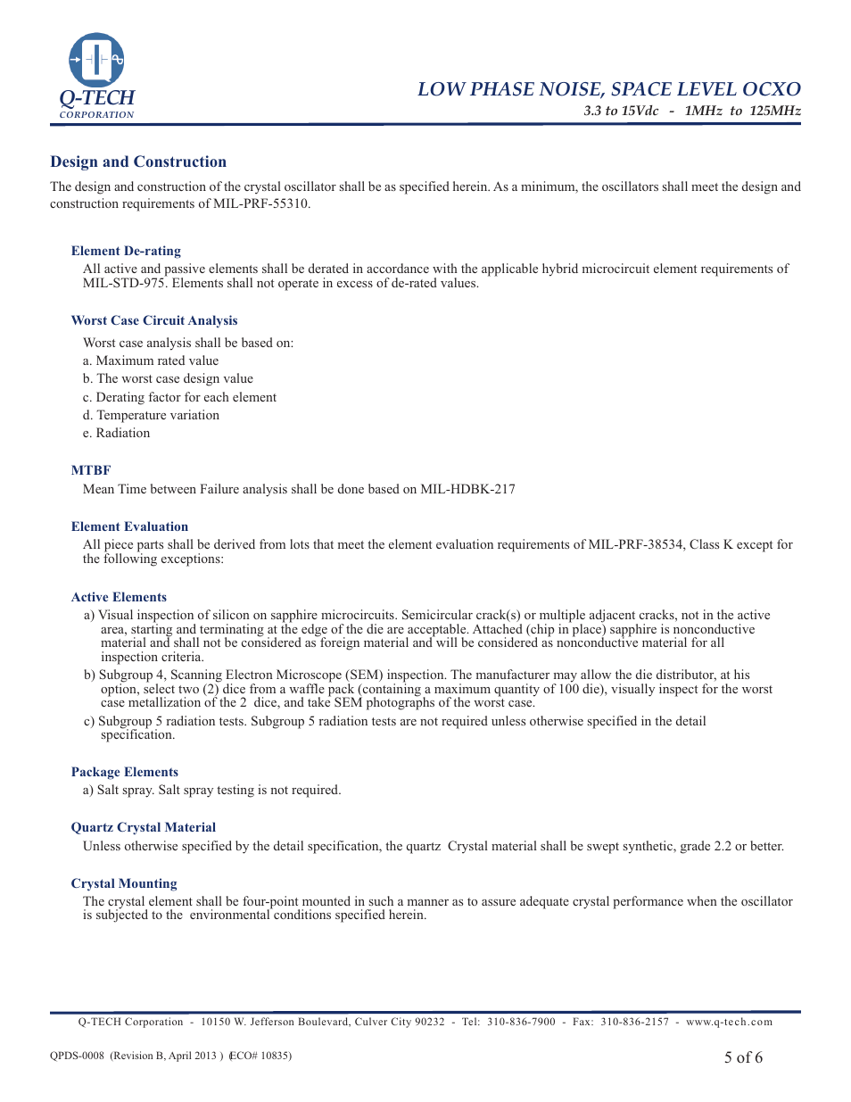 Q-tech, Low phase noise, space level ocxo | Q-Tech SPACE OCXO User Manual | Page 5 / 6