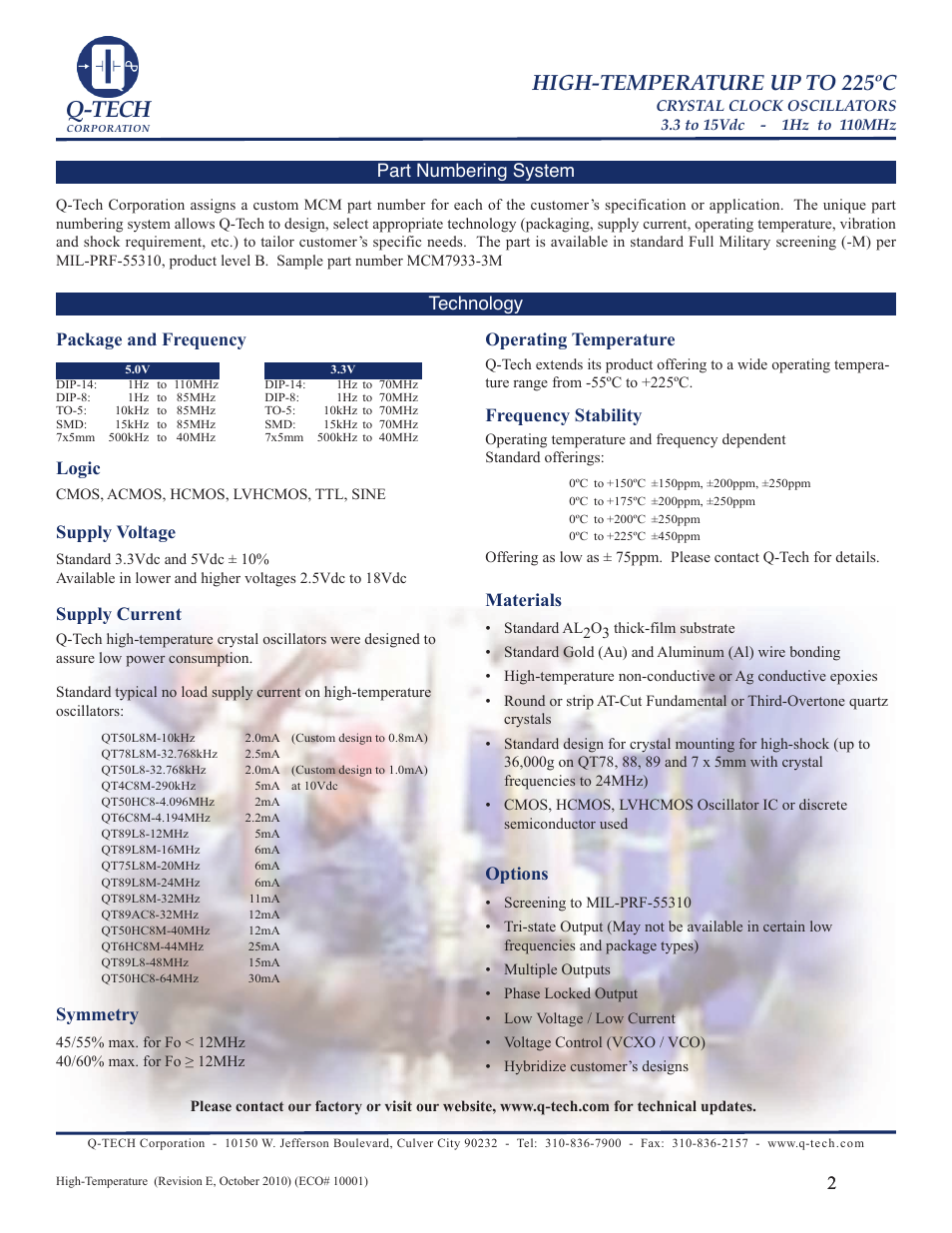 Q-tech, High-temperature up to 225ºc, Operating temperature | Frequency stability, Materials, Symmetry, Logic, Options | Q-Tech HIGH TEMPERATURE User Manual | Page 2 / 5