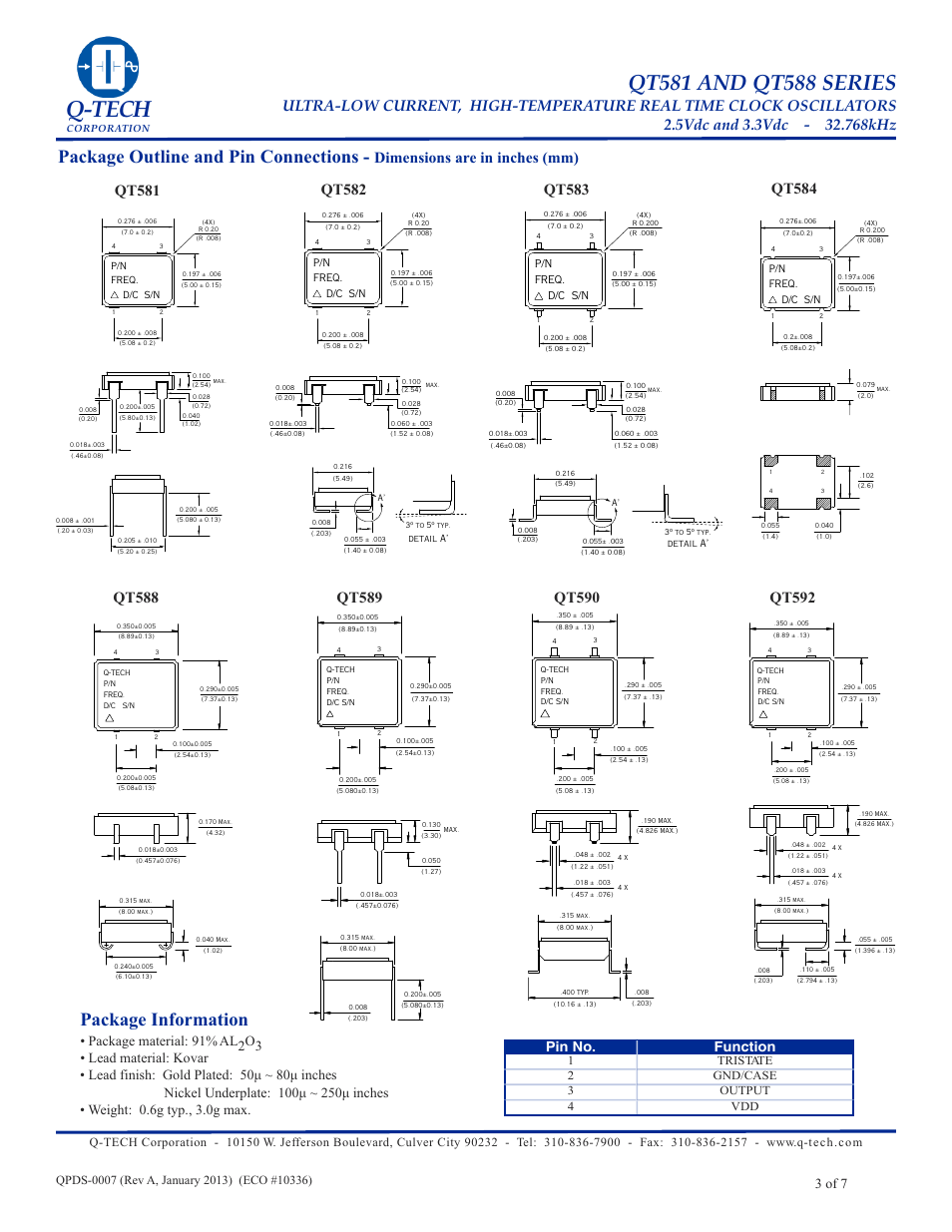 Q-tech, Package outline and pin connections, Package information | Qt581, Qt582, Qt583, Qt584, Dimensions are in inches (mm), 3 of 7, Pin no. function | Q-Tech Q-Tech's User Manual | Page 3 / 7