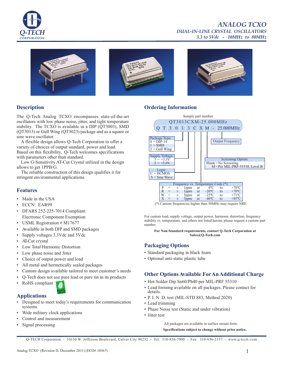 Q-Tech MILITARY TCXO User Manual | 6 pages